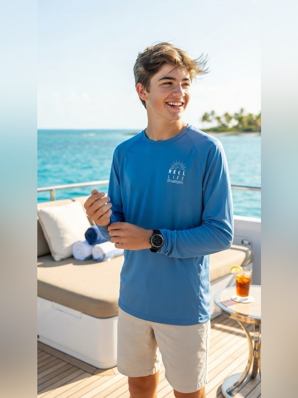 SIZE XXL Reel Life® Boys Youth Long Sleeve Sun Shirt Blue Graphic UV Tee